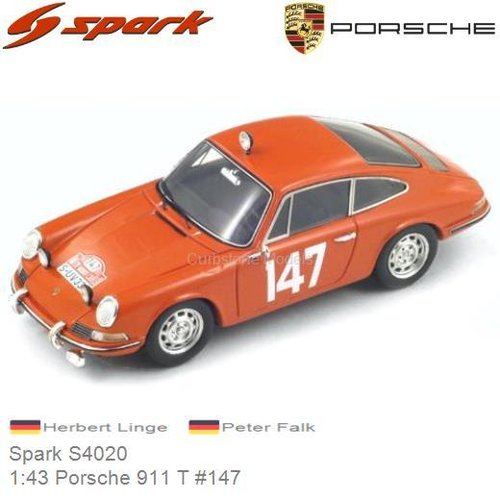 Modelauto 1:43 Porsche 911 T #147 | Herbert Linge (Spark S4020)