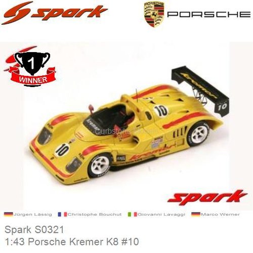 Modelauto 1:43 Porsche Kremer K8 #10 | Jürgen Lässig (Spark S0321)