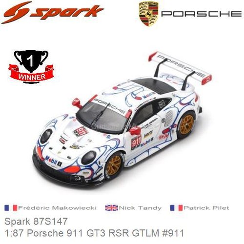 Modelauto 1:87 Porsche 911 GT3 RSR GTLM #911 | Frédéric Makowiecki (Spark 87S147)