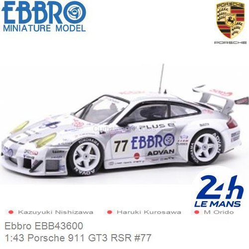 Modelauto 1:43 Porsche 911 GT3 RSR #77 | Kazuyuki Nishizawa (Ebbro EBB43600)