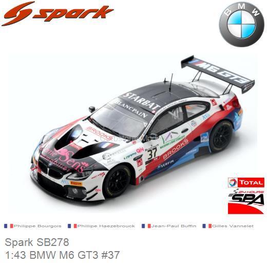 Modelauto 1:43 BMW M6 GT3 #37 | Philippe Bourgois (Spark SB278)