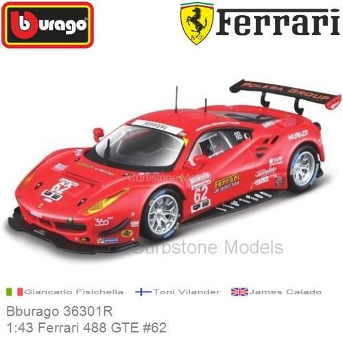 Modelauto 1:43 Ferrari 488 GTE #62 | Giancarlo Fisichella (Bburago 36301R)