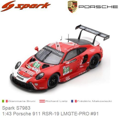 Modelauto 1:43 Porsche 911 RSR-19 LMGTE-PRO #91 | Gianmaria Bruni (Spark S7983)