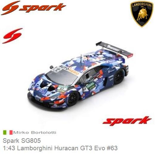 Modelauto 1:43 Lamborghini Huracan GT3 Evo #63 | Mirko Bortolotti (Spark SG805)