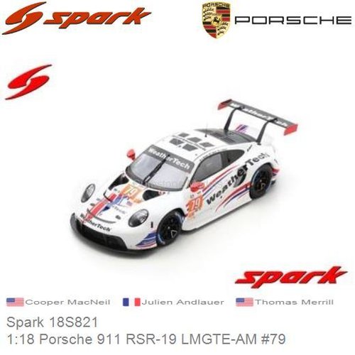 Modelauto 1:18 Porsche 911 RSR-19 LMGTE-AM #79 | Cooper MacNeil (Spark 18S821)