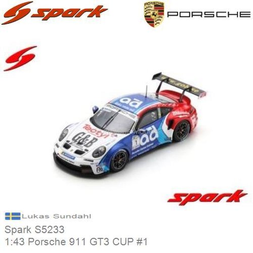 Modelauto 1:43 Porsche 911 GT3 CUP #1 | Lukas Sundahl (Spark S5233)
