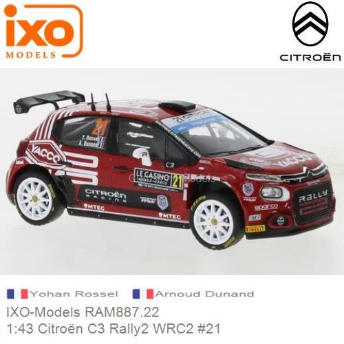 Modelauto 1:43 Citroën C3 Rally2 WRC2 #21 | Yohan Rossel (IXO-Models RAM887.22)