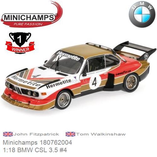 Modelauto 1:18 BMW CSL 3.5 #4 | John Fitzpatrick (Minichamps 180762004)
