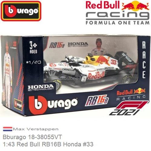 Modelauto 1:43 Red Bull RB16B Honda #33 | Max Verstappen (Bburago 18-38055VT)